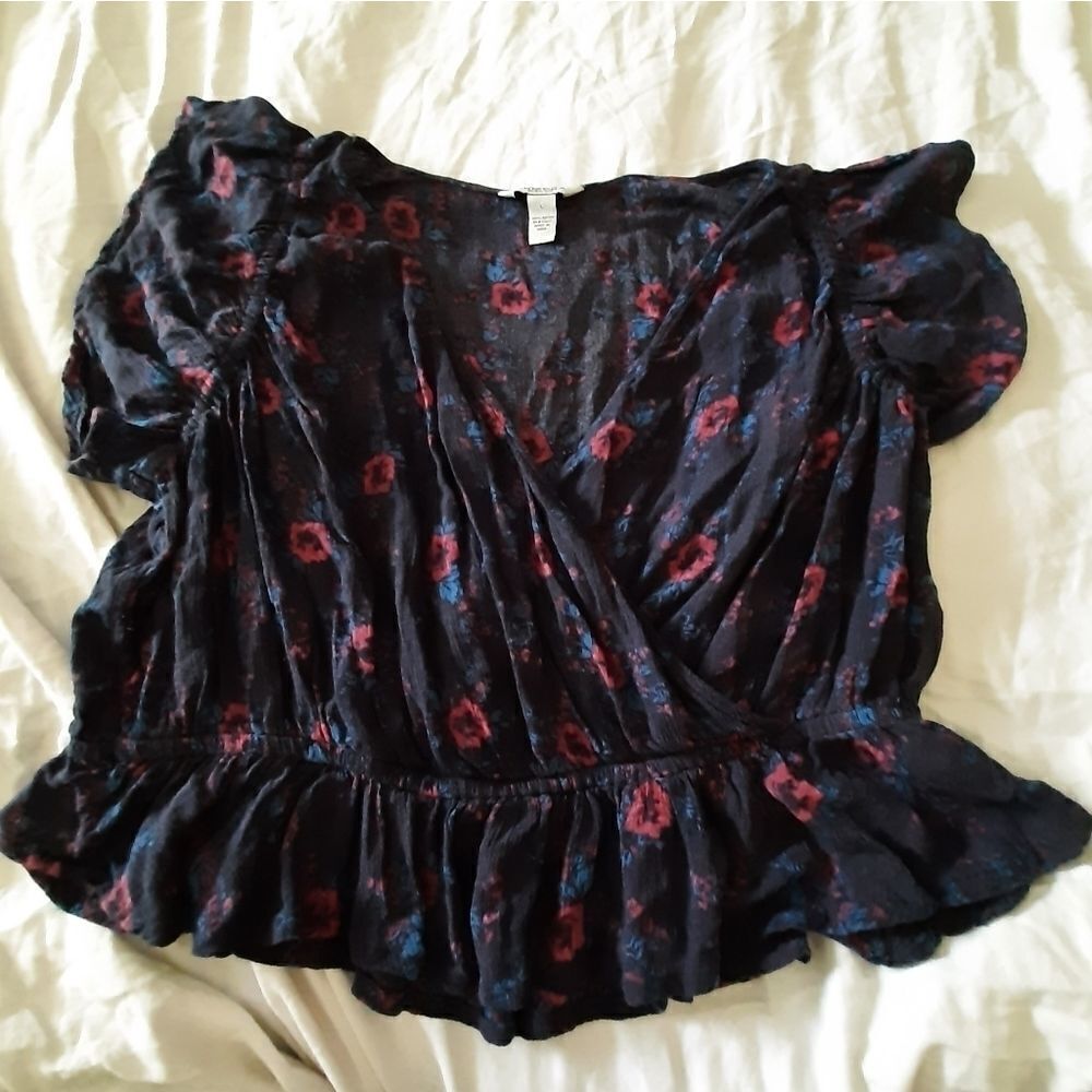 Blue pink floral crop top blouse sz large